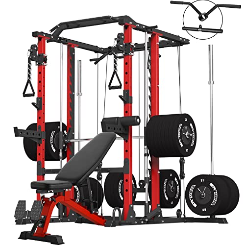 ER KANG Smith Machine, 2000LBS Strength Training Power Cage with Smith Bar and LAT Pull Down System, Multi-Function Linear Bearing Cable Crossover Machine with Red Weight Bench