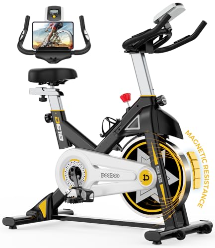 Exercise Bike, pooboo Stationary Bike for Home Gym, Magnetic Resistance Indoor Cycling Bike w/ Comfortable Seat Cushion & Ipad Mount, Silent Belt Drive Indoor Bike for Cardio Workout (Yellow – Magnetic New Model)