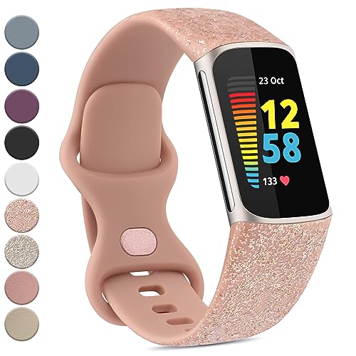 Vanjua Band Compatible with Fitbit Charge 5 Bands Women Men, Soft Silicone Adjustable Waterproof Sport Replacement Wristbands Strap for Fitbit Charge 5 Fitness Tracker (Small, Shine RoseGold)
