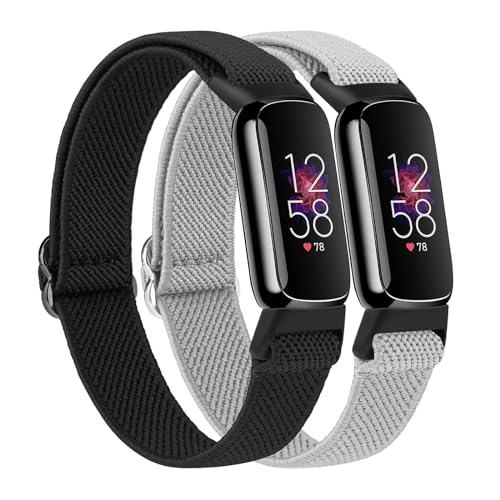 2-Pack Elastic Bands for Fitbit Luxe Bands Women Men, Adjustable Soft Stretch Nylon Sport Replacement Wristband for Fitbit Luxe/Luxe Special Edition Fitness Tracker (Black+Gray)