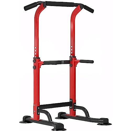SogesPower Power Tower Dip Station Pull Up Bar for Home Gym Adjustable Height Strength Training Workout Equipment,Red