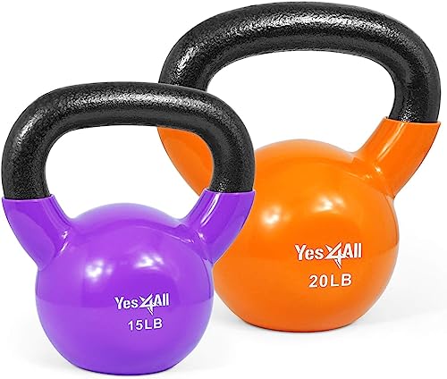 Yes4All Combo Kettlebells Vinyl Coated Weight Sets Great for Full Body Workout Equipement Push up, Grip Strength and Strength Training, Dumbbell Weights Exercises Multicolor, 15 20 lbs