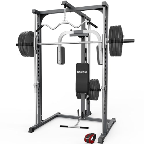 DONOW Smith Machine Power Cage Power Rack Squat Rack with Smith Bar Home Gym System with LAT Pull Down Chest Station for Strengthen Training