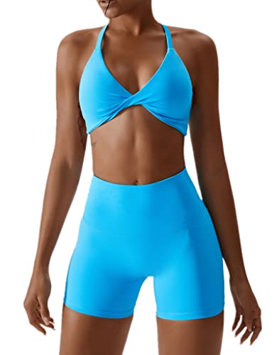 ABOCIW Workout Sets for Women 2 Piece Yoga Outfits Twist Front Halter Sports Bras Tummy Control High Waist Booty Biker Shorts Exercise Gym Sets for Women Light Blue Large