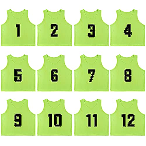 RE-HUO 12 Pack Numbered（1-12） Scrimmage Vests/Sport Pinnies/Training Bibs for Basketball,Soccer, Volleyball and Baseball(neon green1-12,XL)