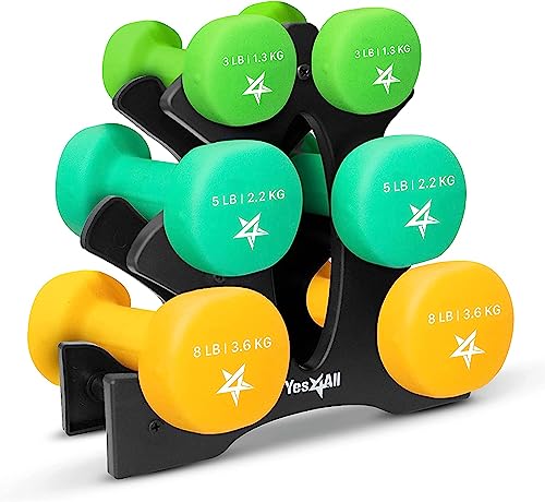 Yes4All Neoprene Dumbbells Set with Rack/3 Pairs of 3-5-8lb Weights Dumbbells for Any Home Gym Workout, Non-Slip, Anti-Roll, Space-Saving
