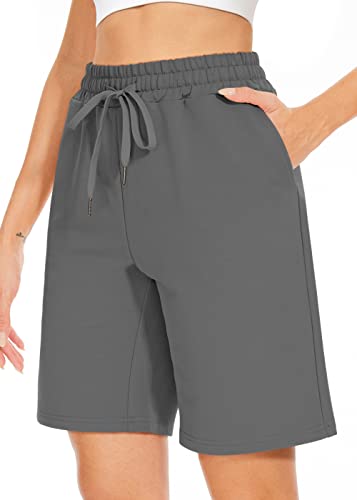 TARSE Women’s Bermuda Shorts Summer Long Cotton Drawstring Loose Pocket Knee Length Shorts Yoga Casual Walking Exercise Shorts(Darkgray,L)