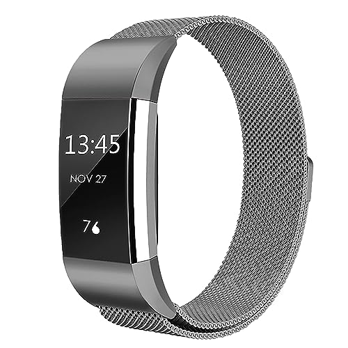 Cone Metal Band Compatible with Fitbit Charge 2 Bands, Stainless Steel Mesh Loop Adjustable Wristband Replacement Strap for Fitbit Charge 2 Fitness Tracker（Large，Graphite gray）