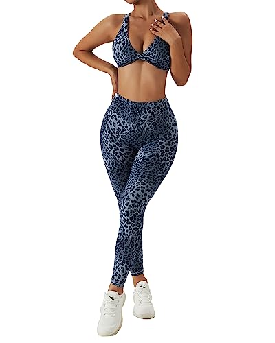 ABOCIW Workout Sets for Women Twist Front Cross Back Sports Bras and High Waist Workout Leggings Tummy Control Scrunch Butt Yoga Pants 2 Piece Gym Sets for Women #1 Blue Large