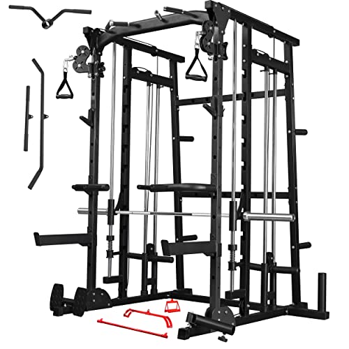MAJOR LUTIE Smith Machine, SML07 1600lbs Power Cage with Weight Bar and Two LAT Pull-Down Systems Cable Crossover Exercise Machine Attachment 2023 Upgrade Black, D32
