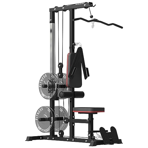 ER KANG LAT Pull Down Machine, LAT Row Cable Machine with Flip-Up Footplate, 450lbs LAT Tower, High and Low Pulley Station & AB Crunch Harness for Strength Training Home Gym(Black)