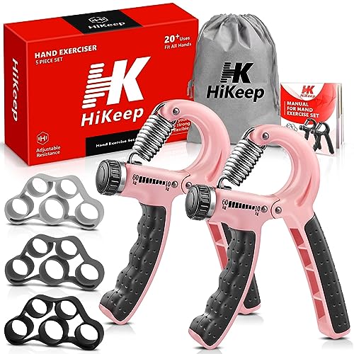 HiKeep Hand Grip Strengthener 5 Pack – 2 Adjustable Hand Gripper with 3 Finger Stretcher (Pink Gripper)