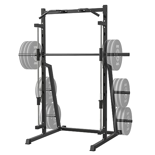 SPART Smith Machine Squat Rack with Smith Bar and Pull Up Bar, Half Power Cage with Linear Bearings, Multi-function Weightlifting Rack with Weight Storage Posts For Upper Body Strength Training, Black