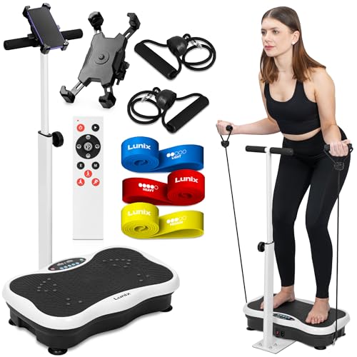 Lunix LX18 Vibration Plate with Handlebar & Magnetic Acupoints, Powerful Exercise Platform for Full Body Workout, Easy to Use Fitness & Recovery Machine, With Resistance Bands & Phone Holder, W4 White
