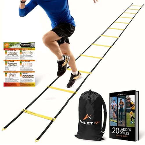 Athletivi Agility Training Equipment Set for Proffesional Training, Adults, Youth & Kids. Soccer & Footbal Training Set with Fixed-Rung Ladder – Enhance Speed, Power & Strength. (Yellow Ladder)
