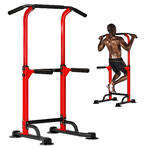 DlandHome Power Tower Adjustable Height Pull Up and Dip Station Pull Up Bar for Home Gym Multi-Function Strength Training Fitness Workout Station,Red