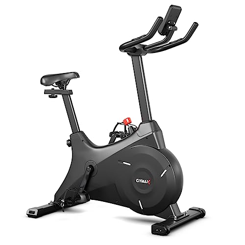 GYMAX Exercise Bike, Magnetic Resistance Stationary Bike with LCD Monitor, iPad Holder, Adjustable & Comfortable Seat, Silent Belt Drive Indoor Cycling Bike for Home Gym Workout Fitness Equipment