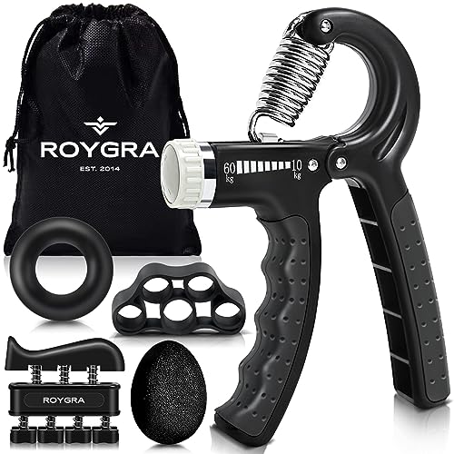 roygra Grip Strength Trainer, Forearm Workout, Hand & Finger Exerciser – 5 Pack (Black)