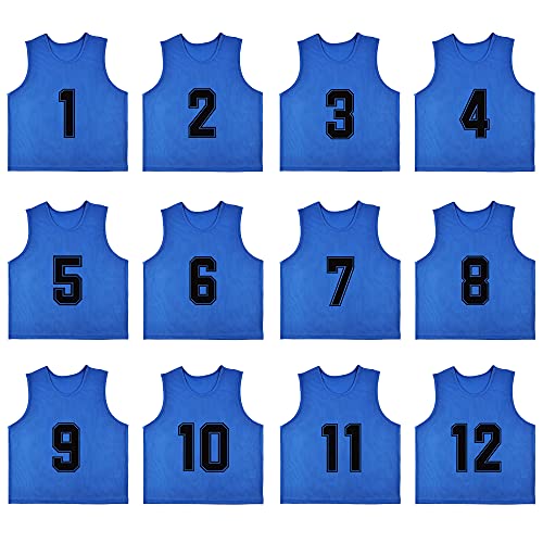RE-HUO 12 Pack Numbered（1-12） Scrimmage Vests/Sport Pinnies/Training Bibs for Basketball,Soccer, Volleyball and Baseball(Dark blue1-12,L)