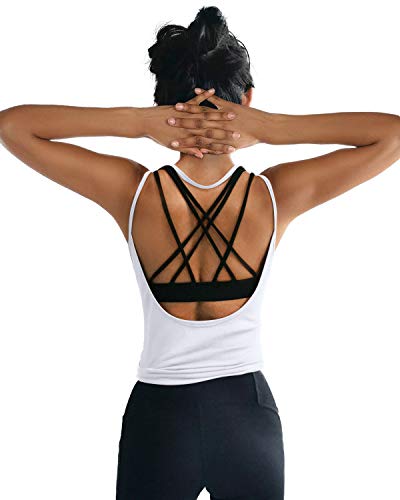 OYANUS Womens Summer Workout Tops Sexy Backless Yoga Shirts Loose Open Back Running Sports Tank Tops Cute Muscle Tank Sleeveless Gym Fitness Quick Dry Activewear Clothes for Juniors White L