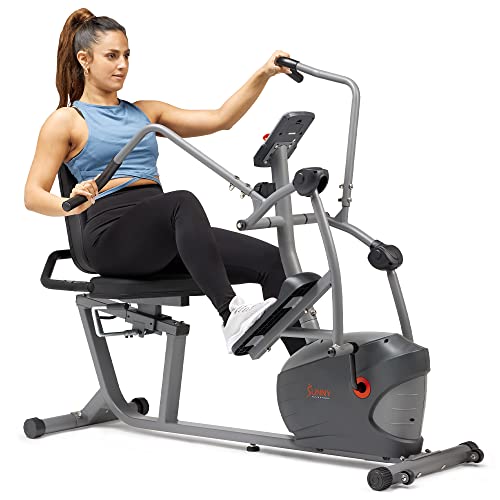 Sunny Health & Fitness Performance Recumbent Cross Trainer & Elliptical Bike with Dual Motion Arm Exercisers, Easy Access Seat & Exclusive SunnyFit® App Enhanced Bluetooth Connectivity – SF-RBE420035