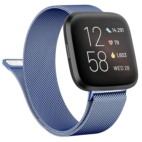 Vanjua for Fitbit Versa 2 Bands Women Men, Stainless Steel Metal Mesh Loop Adjustable Magnetic Wristband Replacement Strap for Fitbit Versa 2 / Fitbit Versa / Versa Lite / Versa SE Smart Watch (Small, Sapphire Blue)