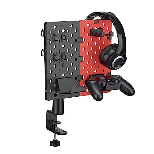 ALFA BUSINESS Clamp-on Desk Pegboard Holder, Rotatable Modular Design Pegboard Kit with Headphone Controller Holder, Above/Under Desk for Xbox PS5 Nintendo Switch Controller (Red)