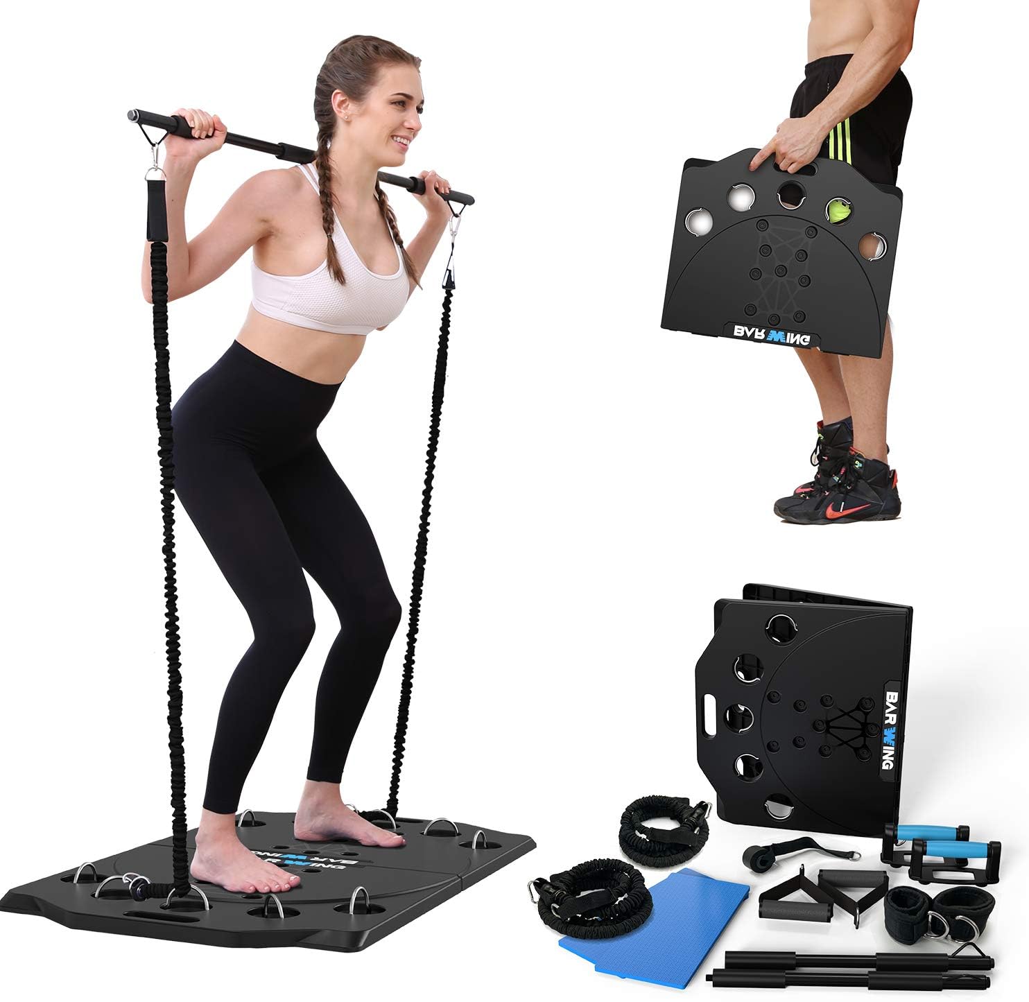 BARWING Portable Large Compact Push Up Board for Men 9 IN 1 Home Workout Equipment Push Up Bars Push Up Handles with Resistance Band Foldable Full Body Strength Training Machine Pilates Bar for Musle Exercise Gift Women
