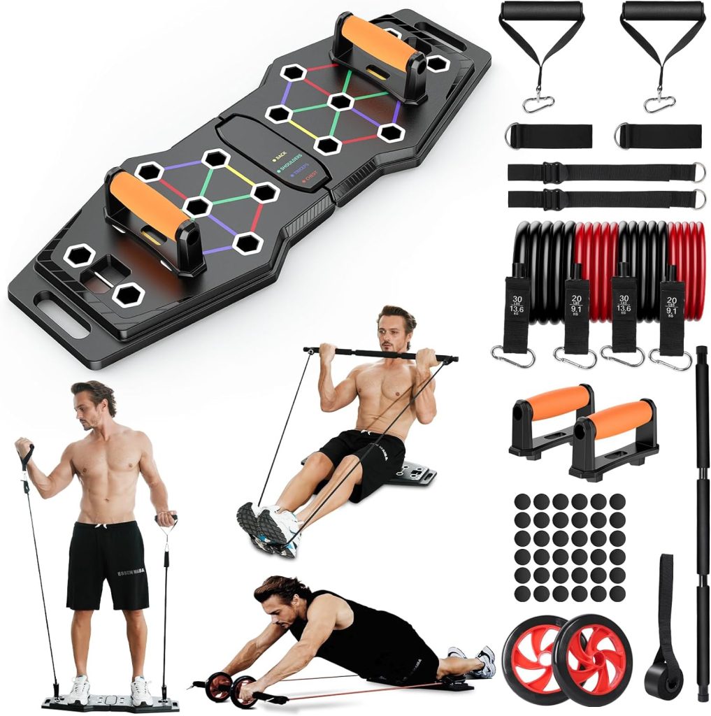 Foldable Push Up Board, 25-In-1 Multifunction Home Workout Equipment for Upper Body Strength Training, Portable Push Up Board with Color-Coded Variations and Accessories for Chest, Triceps, Back, Arms