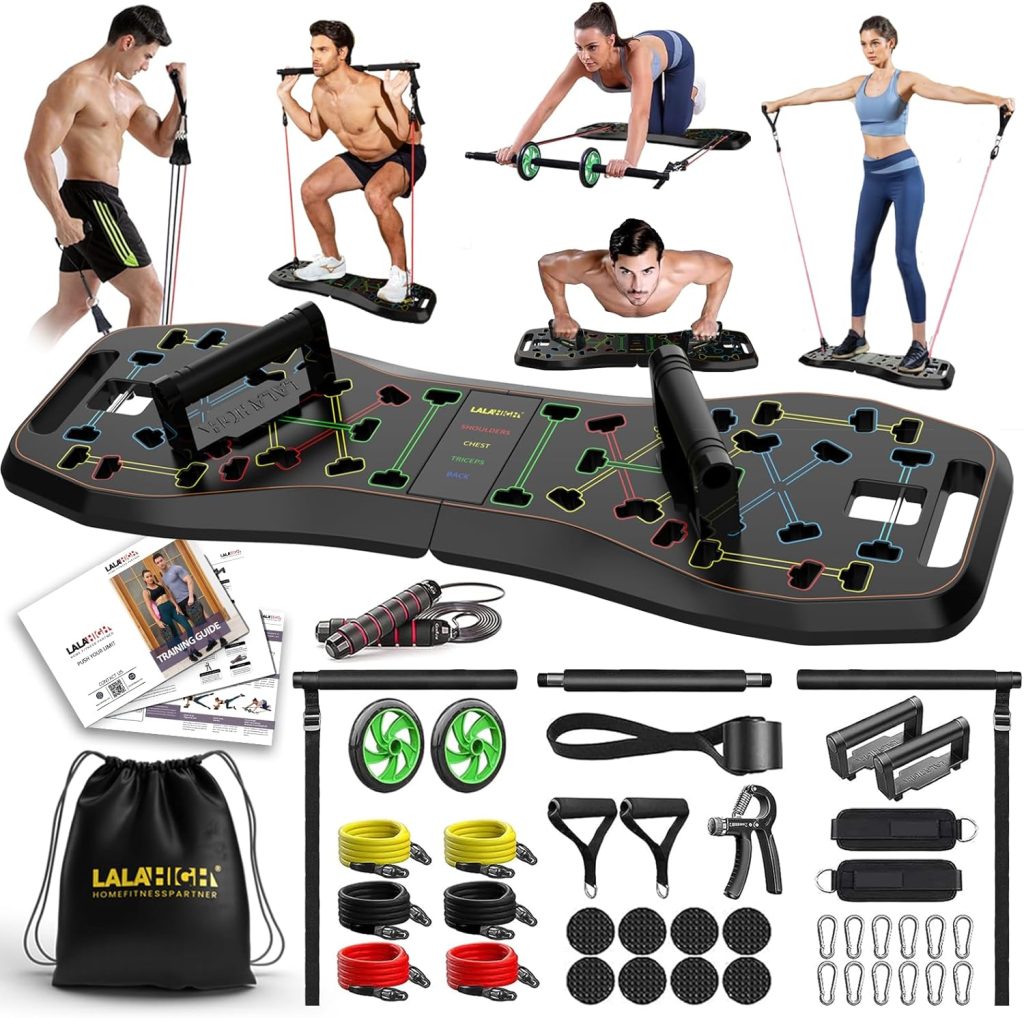LALAHIGH Portable Home Gym System: Large Compact Push Up Board, Pilates Bar 20 Fitness Accessories with Resistance Bands Ab Roller Wheel - Full Body Workout for Men and Women, Gift for Boyfriend (Black)